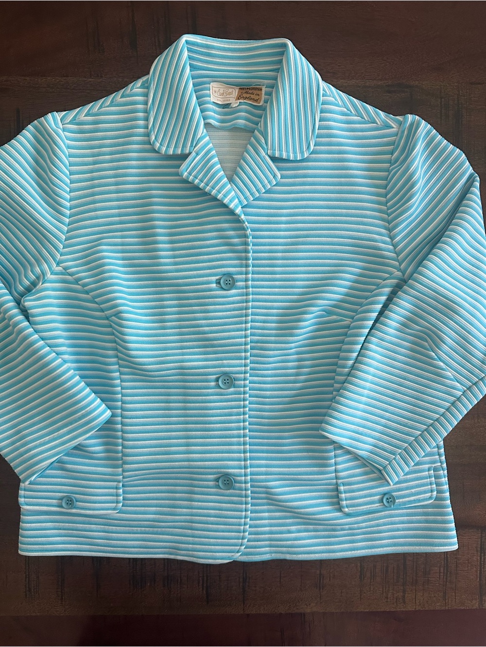 Vintage Carol Brent Aqua & White Striped Knit Jacket - 1960s/70s Mod